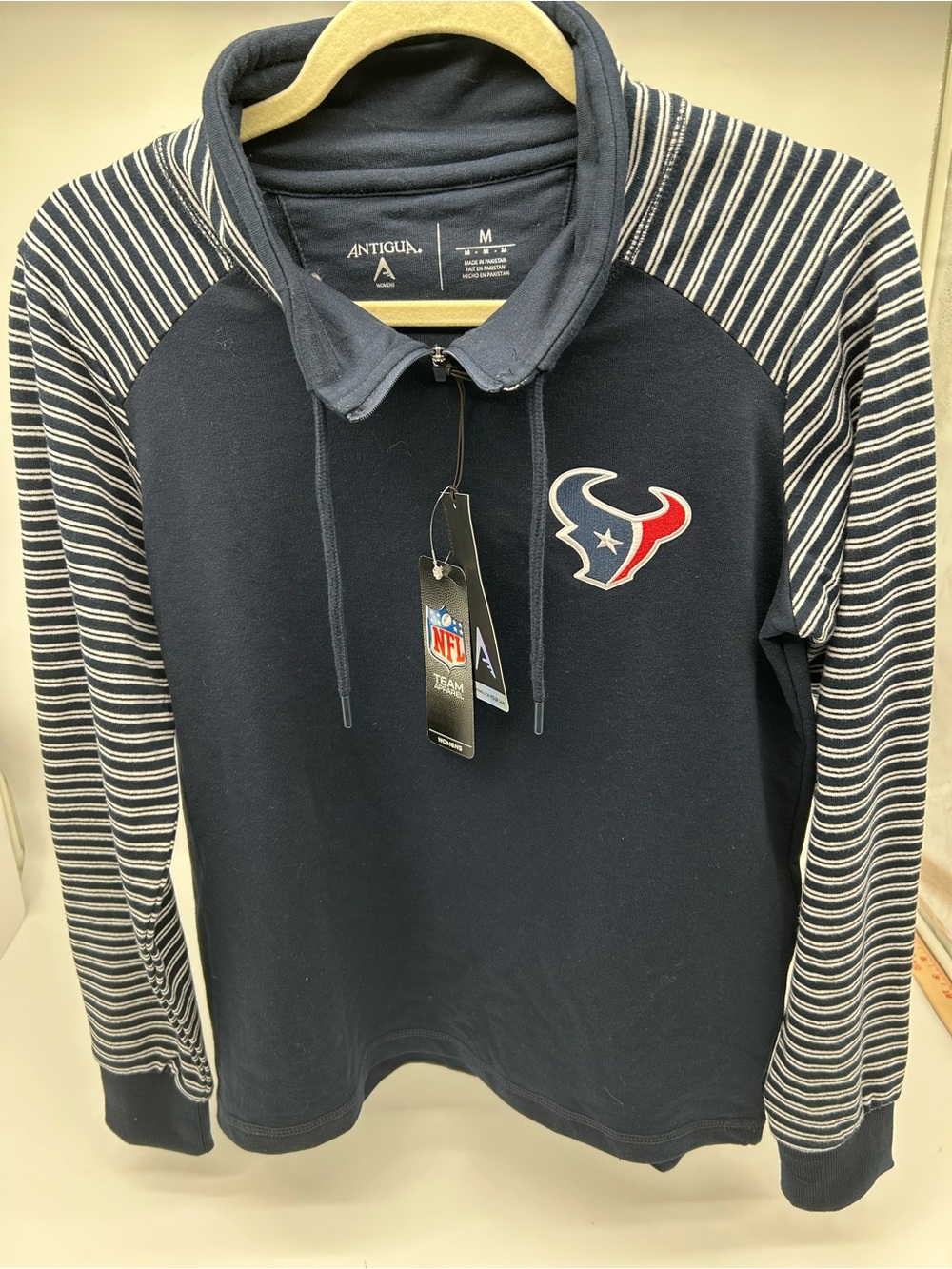 AntiguaWomen’s Houston Texans Navy Striped Sleeve Pullover Medium New